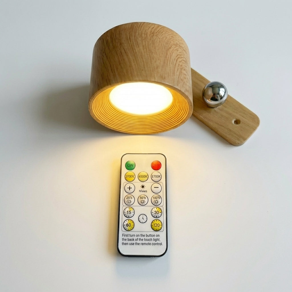 Unik liten vegglampe i tre som kan festes på veggen med en fjernkontroll. 