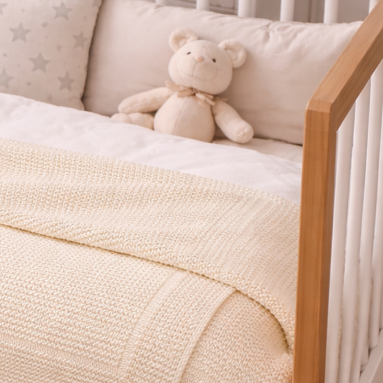 White baby pledd i en krybbe. 